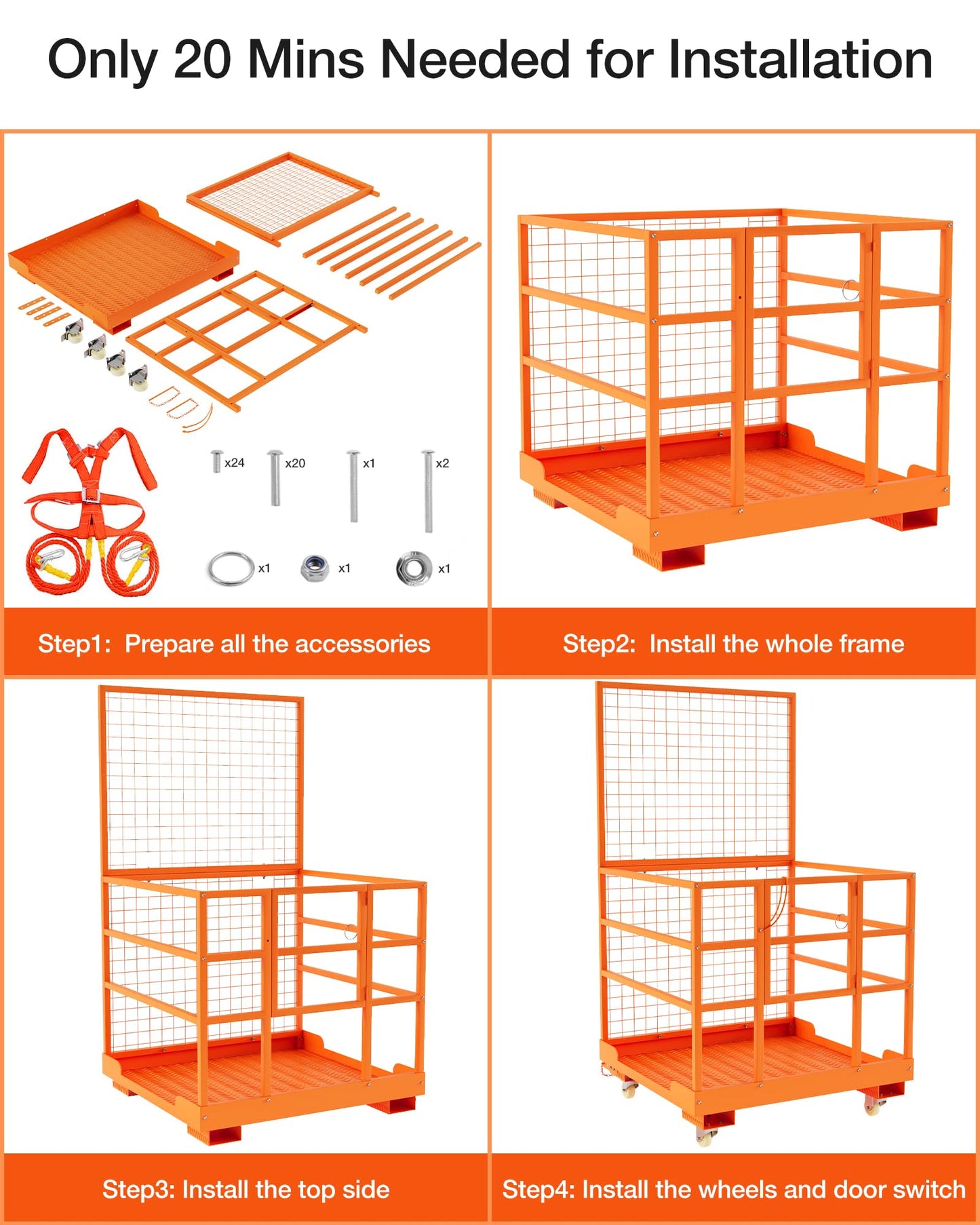 Heavy Duty 45"x43" Forklift Safety Cage, 1800 LBS Capacity Collapsible Forklift Man Basket, Galvanized Man Lift Work Platform with Wheels & Safety Harness, Aerial Forklift Cage for Warehouse