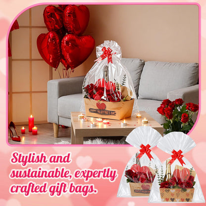 Kolldenn 24 Set Valentine's Day Empty Gift Basket to Fill Kraft Red Heart Bouquet Box with Handles Pull Bows Cellophane Bags and Card for Valentine Party Favor Supplies, 9.8 x 6.5 Inch