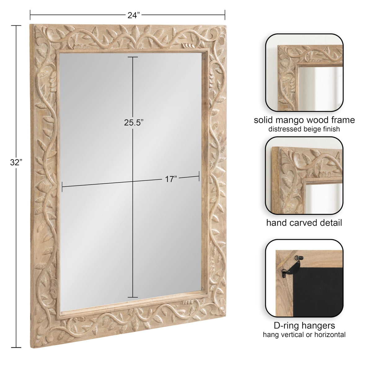 Kate and Laurel Natesa Boho Rectangle Carved Wood Mirror, 24 x 32, Natural Brown, Coastal Light Wooden Rectangular Mirror with Carved Detailing for Use as Bathroom Mirror for Vanity