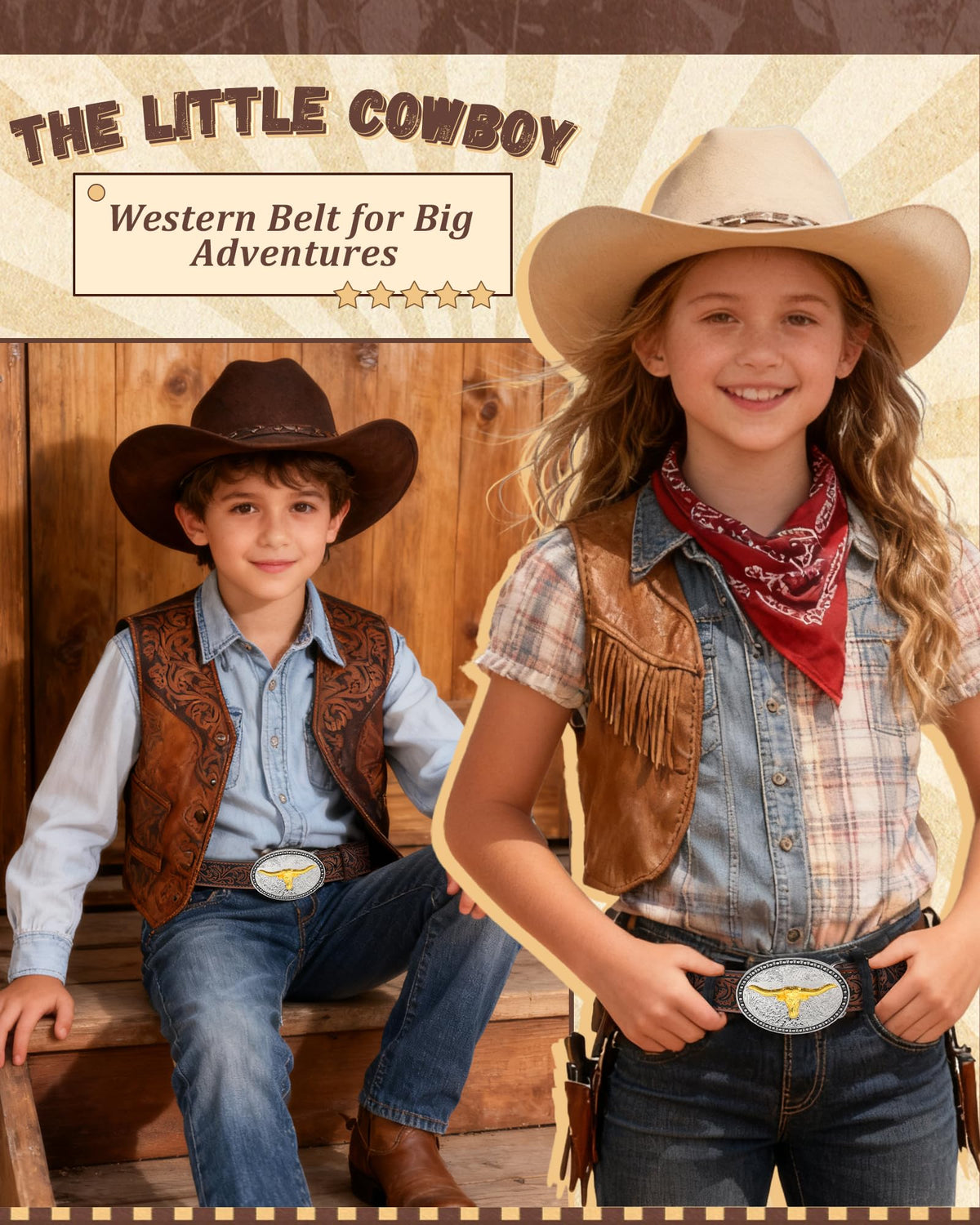 AWAYTR Kids Western Belt with Detachable Buckle - PU Leather, 3 Sizes (23"-34.5"), Adjustable for Daily Wear & Halloween (Cow Buckle-Dark Brown, Fit Waist: 26.5"-30")