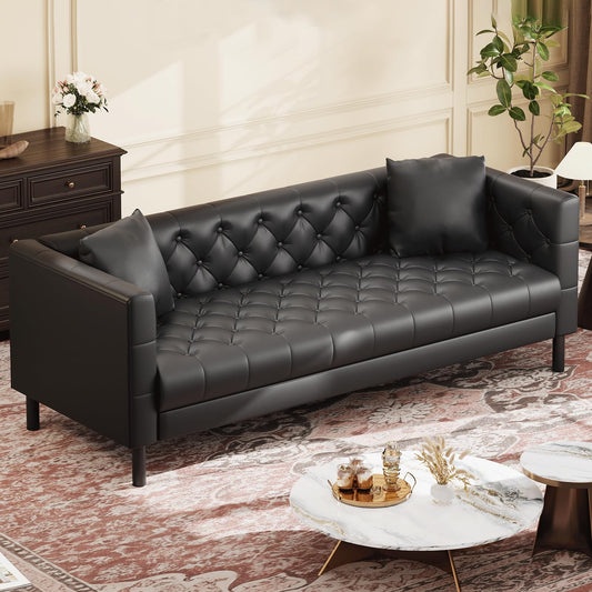 IDEALHOUSE Mid Century Modern Sofa 81 Inch – 3 Seater Faux Leather Couch with Button Tufted Back, Deep Seat Design, Upholstered Sofa for Living Room, Apartment or Office, Black
