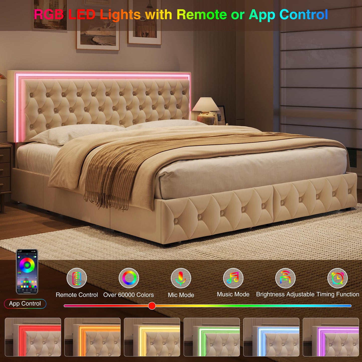 Keyluv Queen Size LED Bed Frame with 4 Storage Drawers and Adjustable Headboard, Velvet Upholstered Button Tufted Modern Platform Bed, Solid Wooden Slats Support, Easy Assembly, Beige