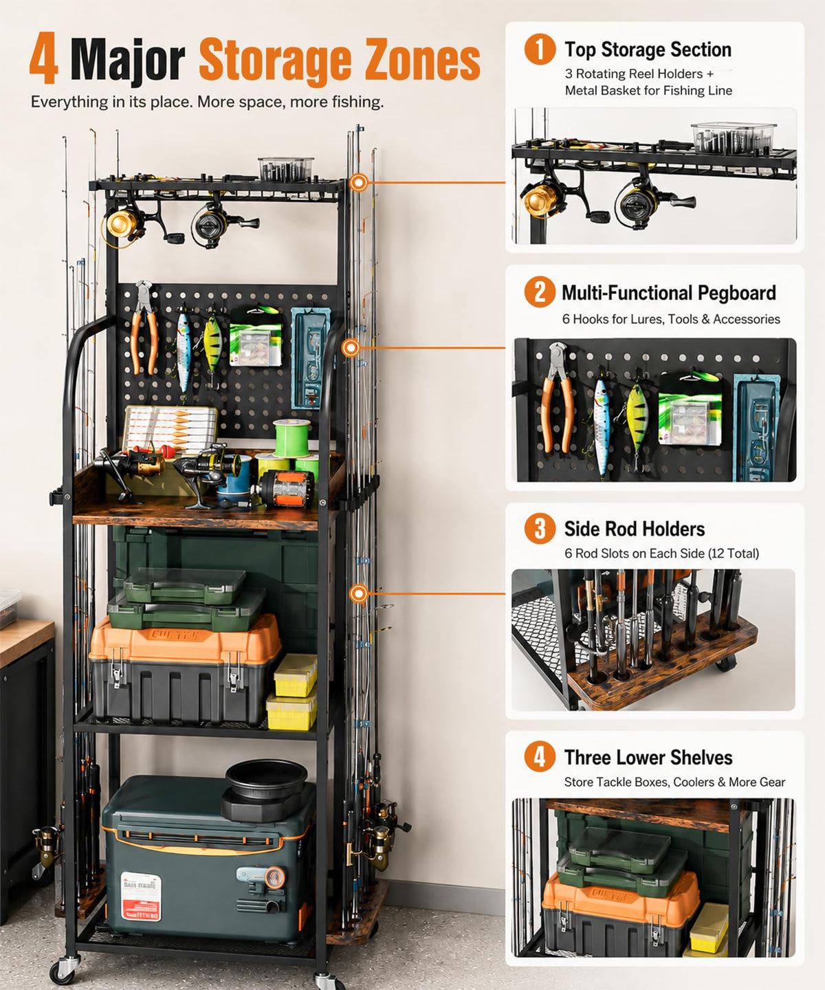 Homde Fishing Rod Holders for Garage: Large Capacity Fishing Equipment Holder up to 12 Rods - Mobile Tackle Storage Cart with Pegboard and Hooks for Tackle Box Organizers and Storage