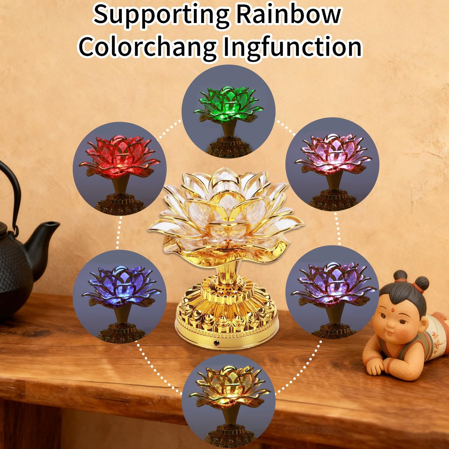 yaogohua 7 Colorful LED Lotus Lamp,5.1x5.1in Lotus Buddhist Lampfor Buddha Occasions, Buddhist Supplies (100-240V) - Golden