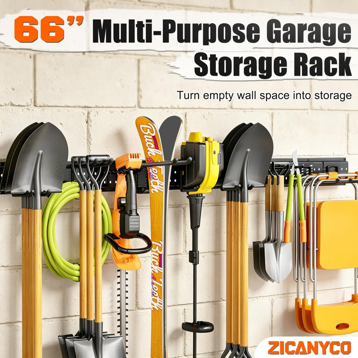 ZICANYCO Garage Tool Organizer Wall Mount 66 inches with 13 Adjustable Heavy-Duty Hooks, Garage Organization, Garden Tool Storage Rack for Garage, Yard, and Shed, Holds Up to 520 lbs