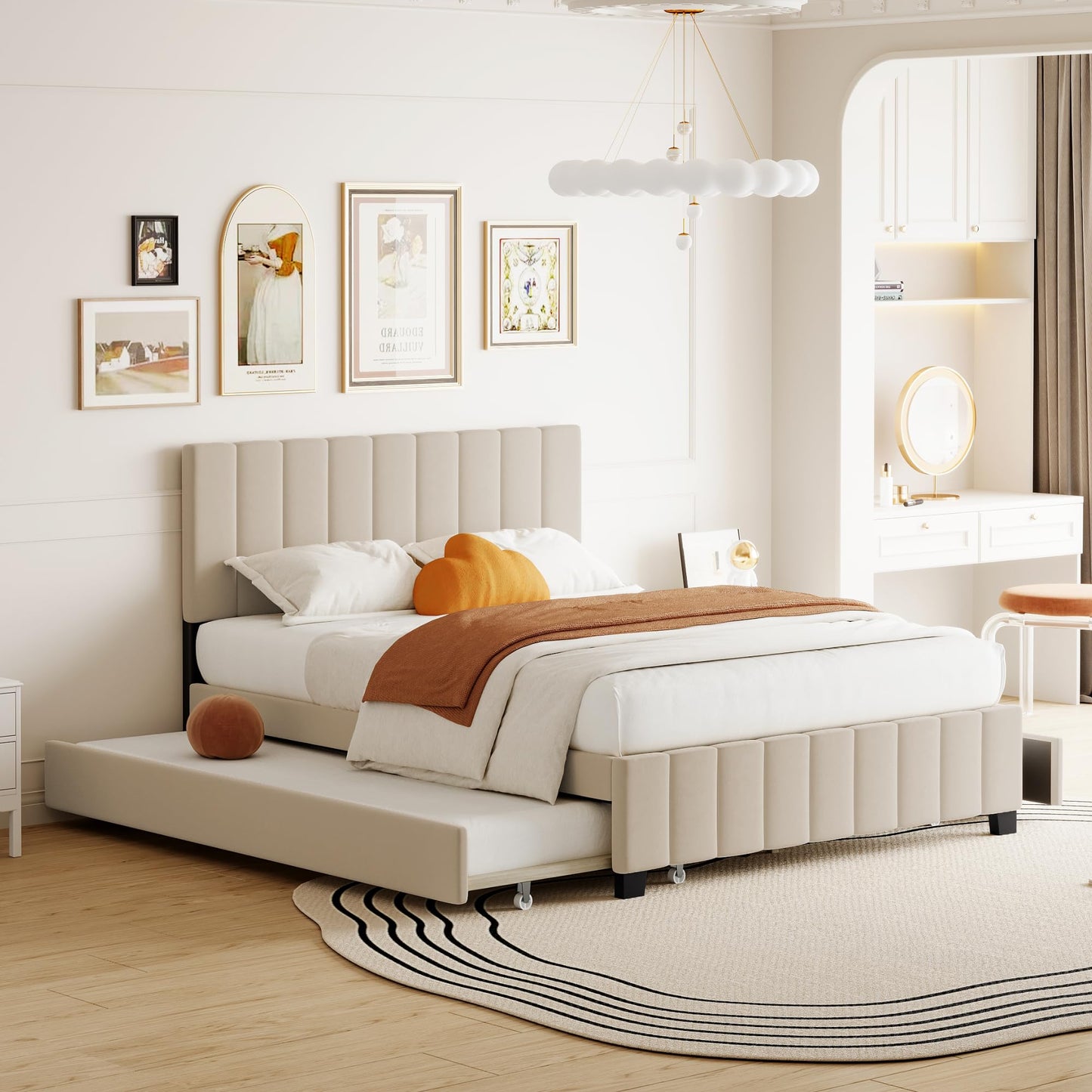 Bellemave Queen Size Upholstered Bed Frame with 2 Drawers & 1 Twin XL Trundle, Velvet Platform Storage Bedframe Mattress Foundation, Queen Trundle Bed Frame,Easy Assembly,Beige