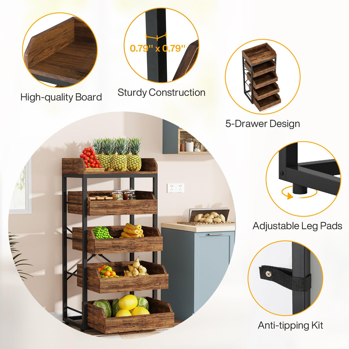 Tribesigns Wood Fruit and Vegetable Storage Rack, 5-Tier Pull-Out Snack Stand Fruit Basket Stand, Utility Shelf Organizer for Kitchen, Living Room, Bedroom, Rustic Brown