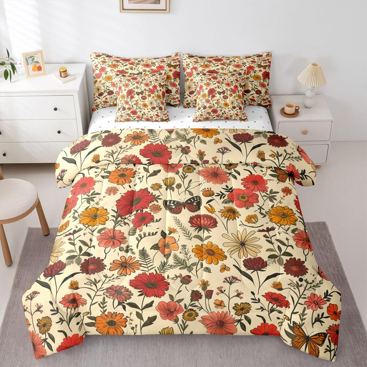 Erosebridal Daisy 7 Piece Bedding Set Queen Butterfly Comforter Set with Sheets Lily of The Valley Floral Theme Bed in a Bag Cute Hand Drawn Flower Butterfly for Kids Boys Girls
