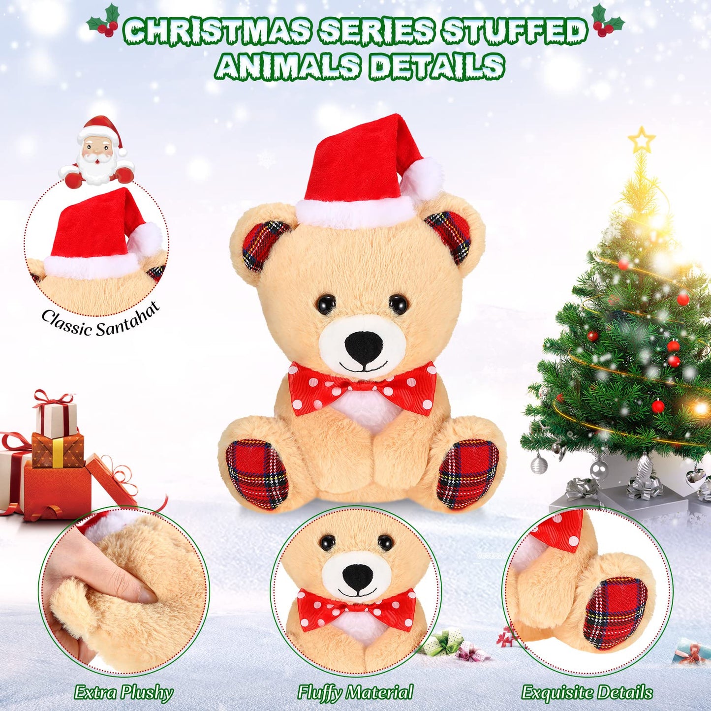Threan 8 Inch Christmas Stuffed Animal Christmas Plush Doll with Santa Hat for Holiday Decoration Winter Gifts(Little Bear Style)