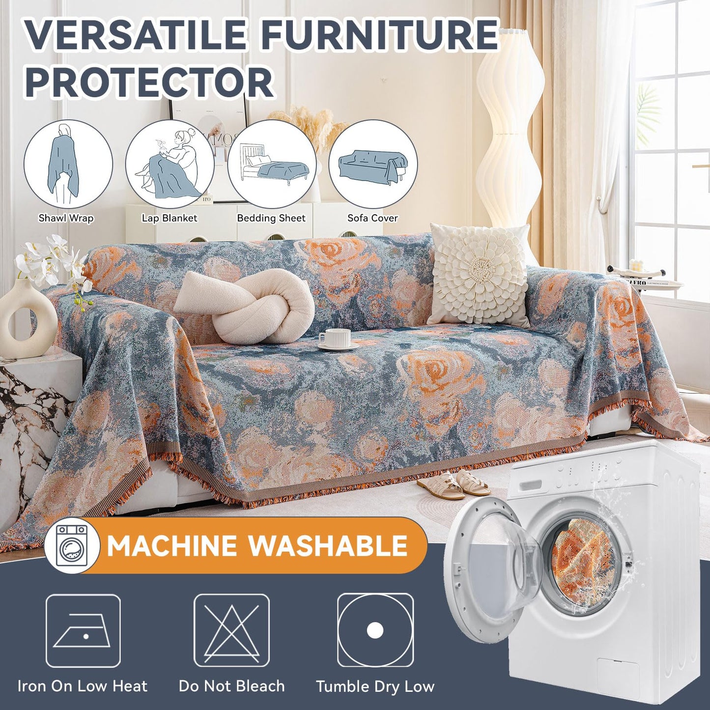 VClife Flower Couch Cover for Sectional Sofa Washable Sofa Cover, Modern Peach Blue Flower Sofa Couch Cover Breathable Anti-Slip Cotton Linen Sofa Slipcover with Tassel Aesthetic Sofa Cover 71"x118"