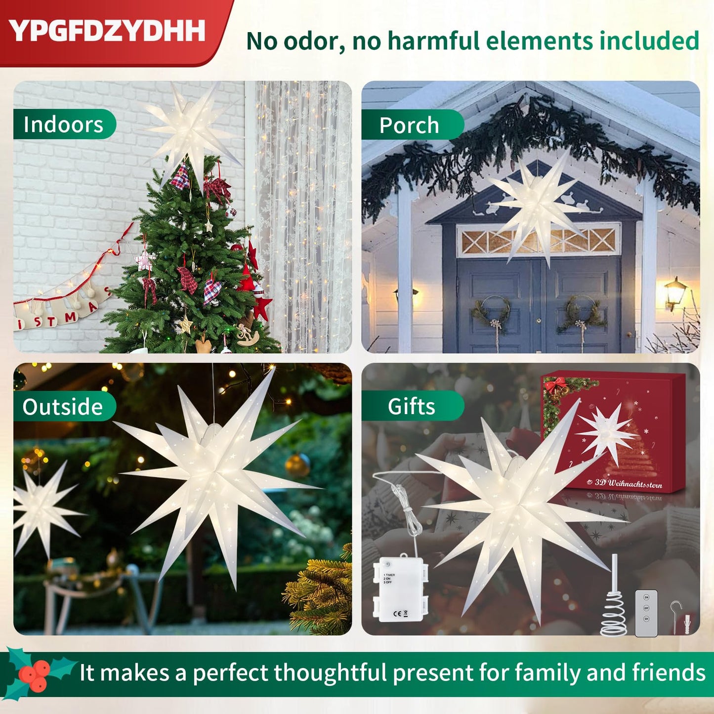 YPGFDZYDHH 23" Large Moravian Star Outdoor Light, Moravian Star Christmas Tree Topper Lighted Battery Operated, Remote Control Hanging Outdoor/Indoor Tree Topper Light for Courtyard, Porch-White
