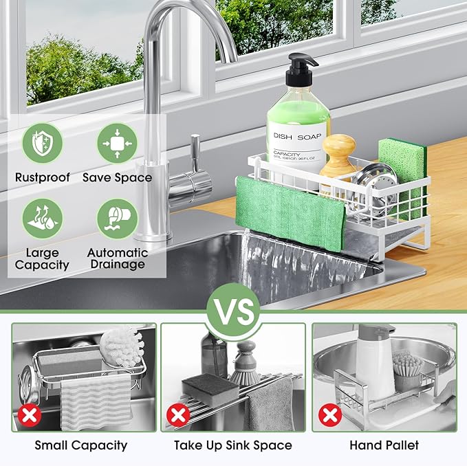 Self-Draining Kitchen Sink Caddy, Rustproof Non-Slip Sponge Holder