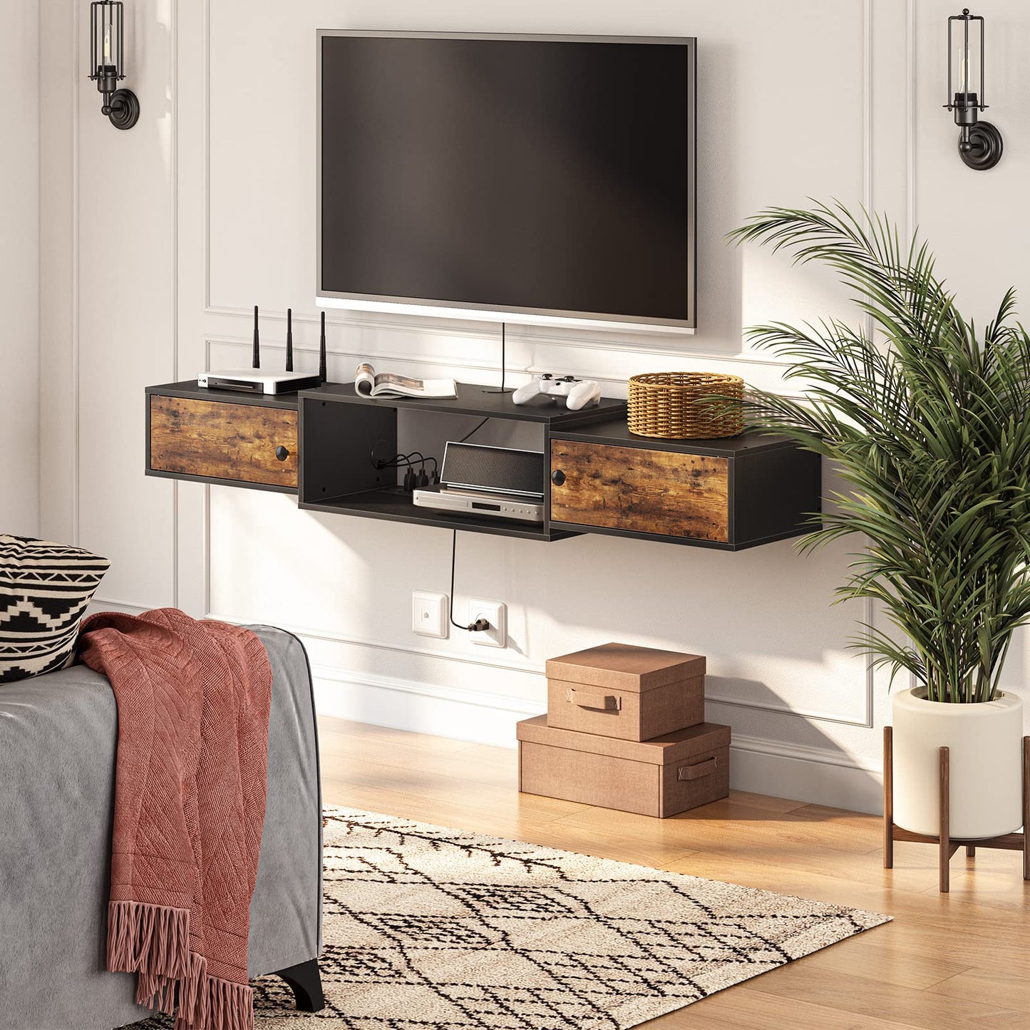 HOOBRO 55" Floating TV Stand with Power Outlet, Modern Wall Mounted Media Console Shelf Cabinet for Under TV Storage, Entertainment Center, Living Room, Bedroom, Rustic Brown and Black BF11DS01