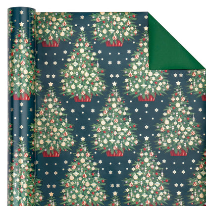 WRAPAHOLIC Reversible Green Christmas Wrapping Paper - Mini Roll - 17 Inch x 33 Feet - Green Christmas Tree Wrapping Paper for Holiday, Party Celebration