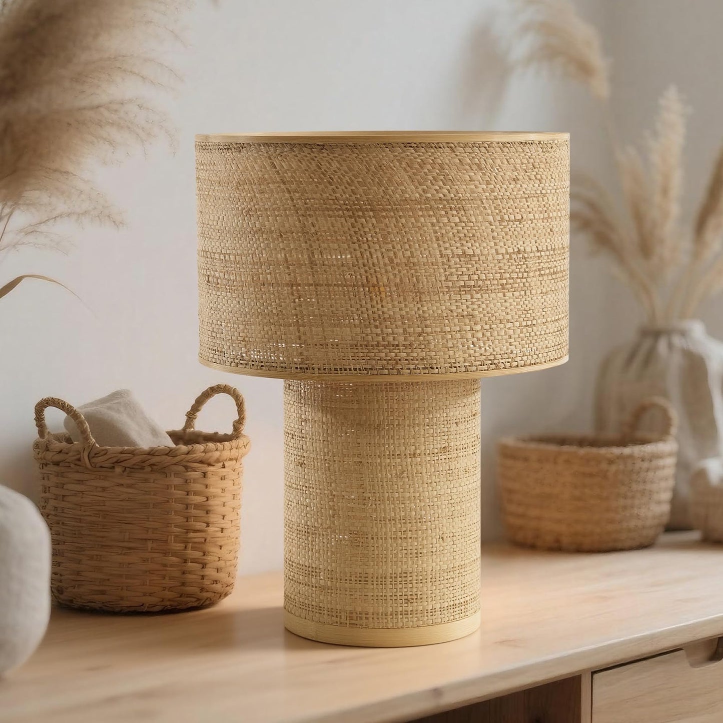Booniture Handwoven Table Lamp, Boho Bedside Lamp with Linen Shade, Bamboo and Rattan Woven Desk Lamp for Bedroom Living Room Nightstand