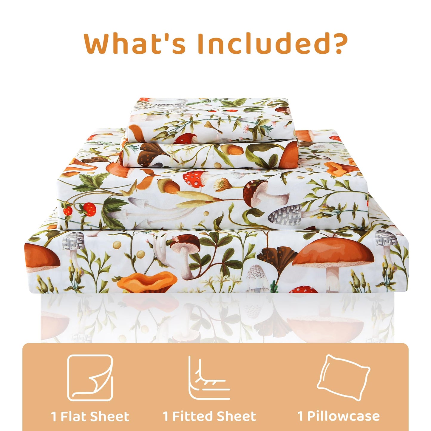 Mooreeke Cozy Vintage Microfiber Printed Twin Sheet Set - Soft & Breathable Mushroom Forest Bed Sheets with Extra Deep Pocket - Non-Slip Fitted Design - Jungle Mushroom Leaves Pattern - Twin
