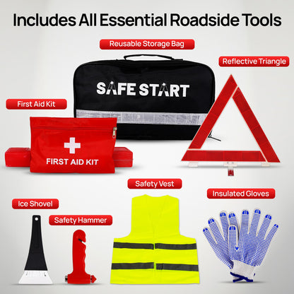Safe Start Car Emergency Kit - Car Safety Kit with First Aid, Safety Hammer, Reflectors, Gloves, Ice Shovel - Compact Roadside Tool Kit for Repairs, Snow, Accidents - Protect Your Family on the Road