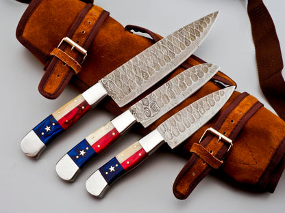 Professional Damascus Chef Knife Set 3 Pcs Custom Handmade Set with Leather Roll - Kitchen Cutlery Set for Home Cooks & Chefs - Ergonomic Texas Flag Handles - Includes Storage Roll (9019)