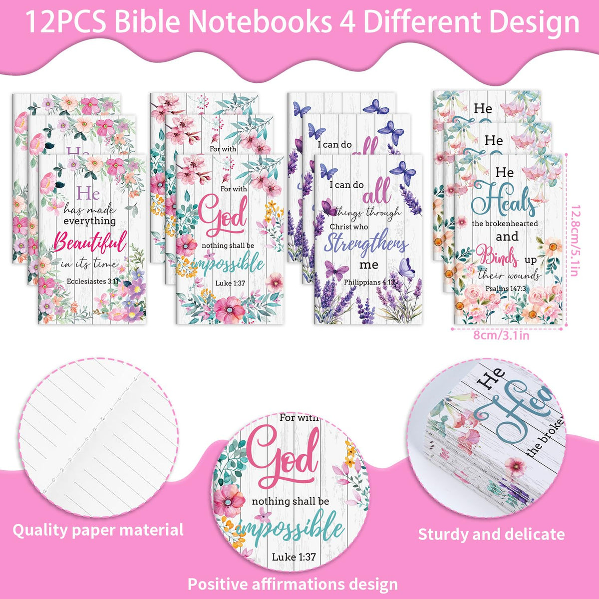 Wxiben Christian Inspirational Gifts Bulk - 24PCS Bible Verse Pens Scripture Notebooks Floral Motivational Ballpoint Pens Set Positive Religious Easter Gift for Women Men Church Sunday School Teacher