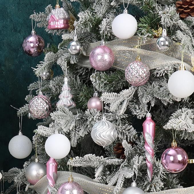 124Ct Pink White and Silver Christmas Ornaments Set,Shatterproof Assorted Christmas Decorations for Xmas Tree Snowflake Icicle House Ball Ornaments Baubles for Holiday Party(Pink White Silver)