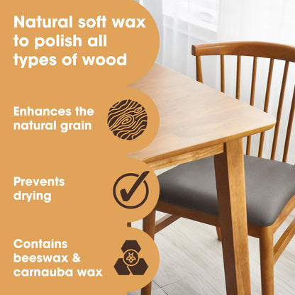 Furniture Clinic Natural Wood Wax & Polish - Beeswax Polish for Wood With Added Orange Oil & Carnauba Wax - Clear Finish for Finished & Unfinished Wood - Polish For Furniture & More - 250ml