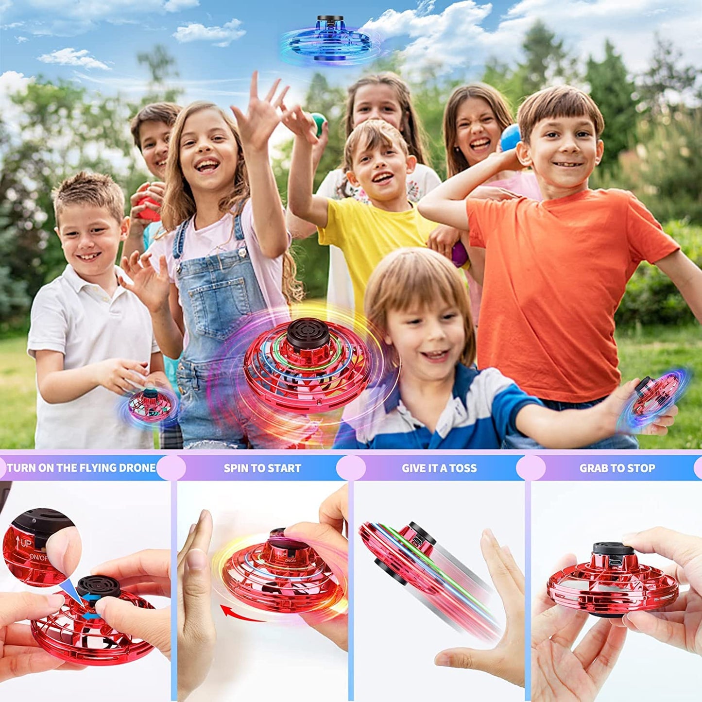 Flying Spinner Toys, Hand Controlled Mini Drone, RGB Light Fidget Boomerang Spinner, 360 Rotating Fly UFO Spin Drone, Flying Space Toys Gift For Kids Adults Outdoor Indoor (Red)