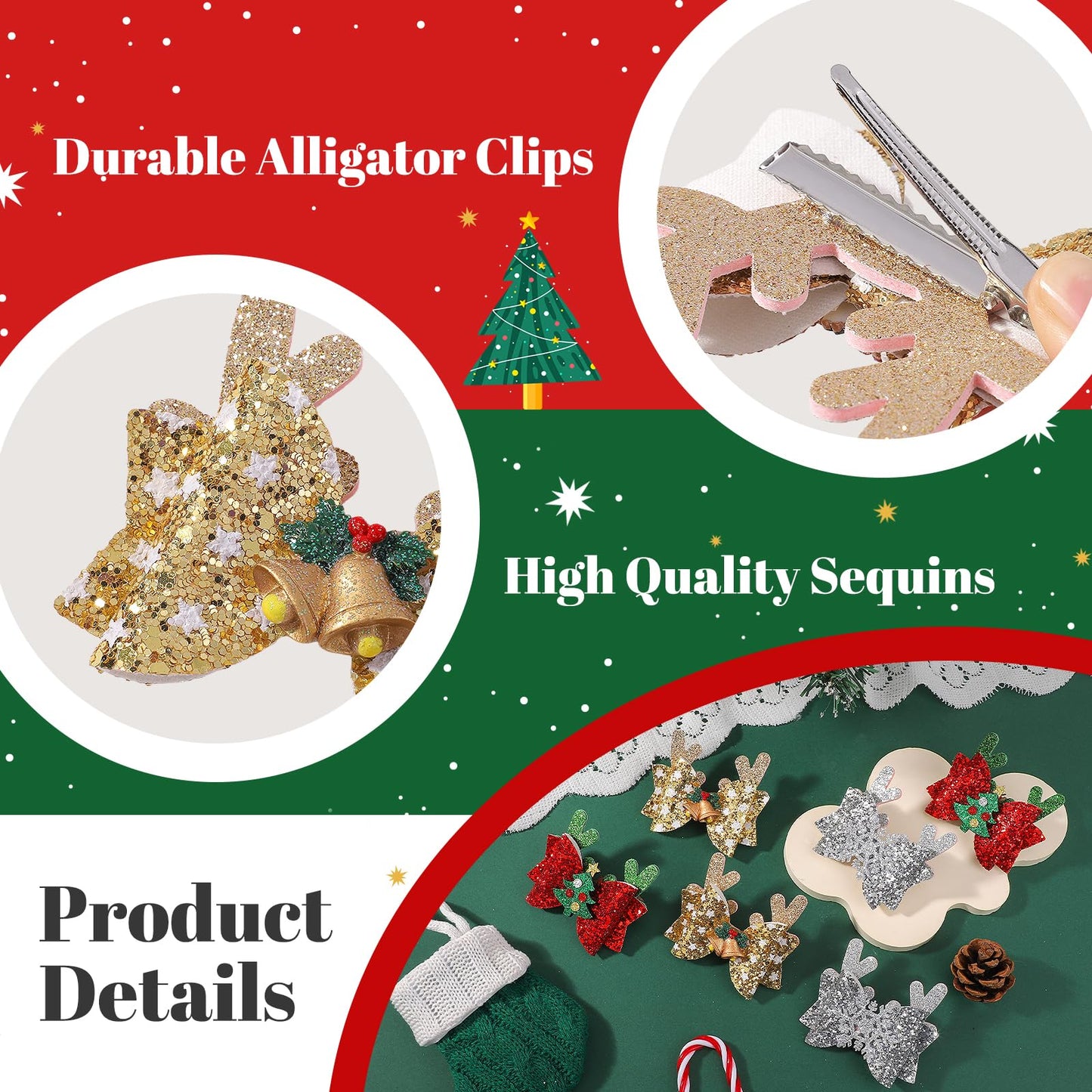 choicbaby 6pcs Christmas Hair Bows Clips 3" Glitter Sequin Baby Girl Hair Bows Christmas Tree Snowflake Bell Hair Accessories for Baby Girls Toddler Kids