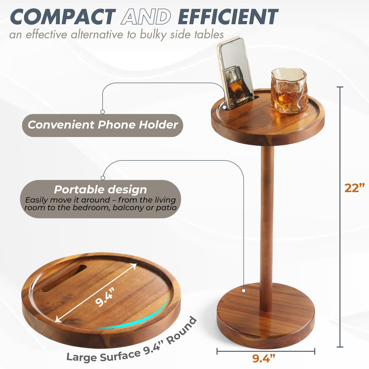 NAGAWOOD Pedestal Side Table, Acacia Drink Table with Weighted Base, Small Round Side Table for Small Spaces with Phone Holder, Martini & Cocktail Pedestal End Table for Living Room, RVs, Home Office