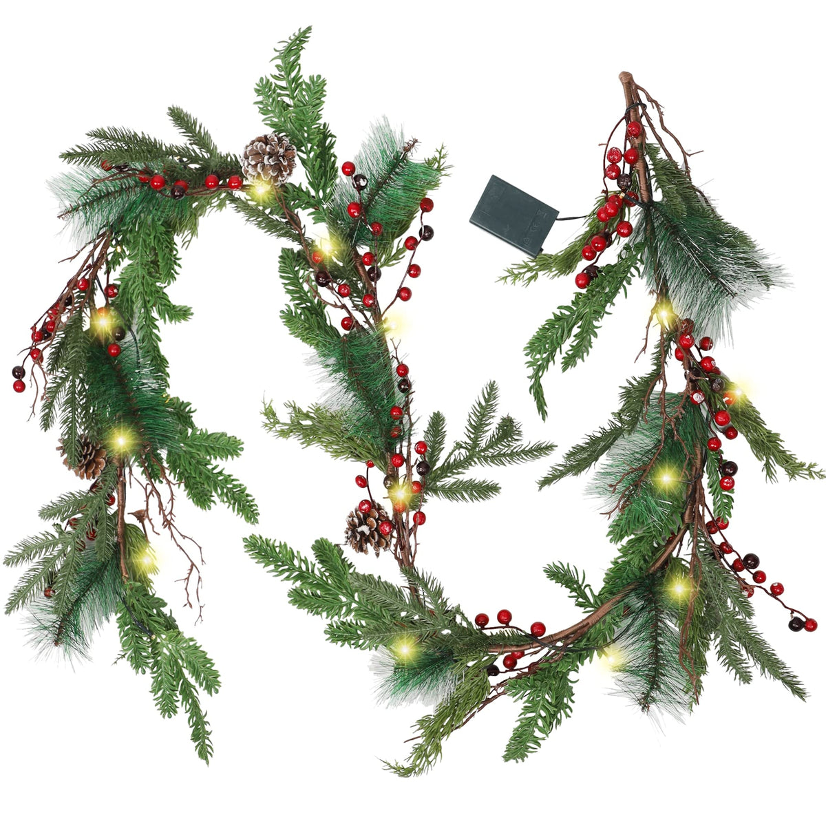 winemana 6 FT Pre-lit Artificial Christmas Garland with 20 LED Lights, Battery Powered with Pine Cones, Red Berries, Pine Needles, Lighted Christmas Garlands for Fireplace Mantle Holiday Decorations
