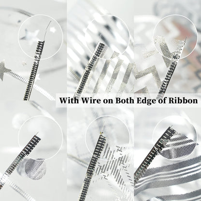 MEEDEE Silver Wired Ribbon for Christmas Tree Decoration - 2.5 Inch, 6 Rolls, 36 Yards - Garland Set for Topper and Bow Making