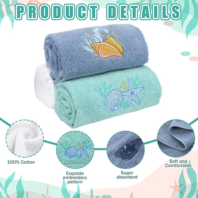3 Pack Coastal Hand Towels for Bathroom 100% Cotton Embroidered Beach Bathroom