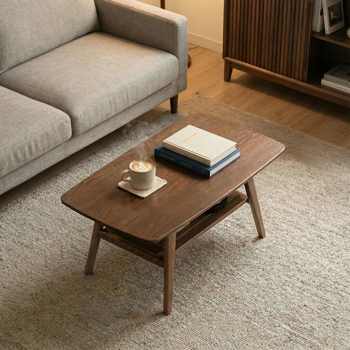 Bamskov Mid Century Modern Coffee Table: 100% Solid Wood Coffee Table - 2-Tier Storage Design - Space Saving Small Coffee Tables for Living Room, Apartment (Walnut, 31.49")