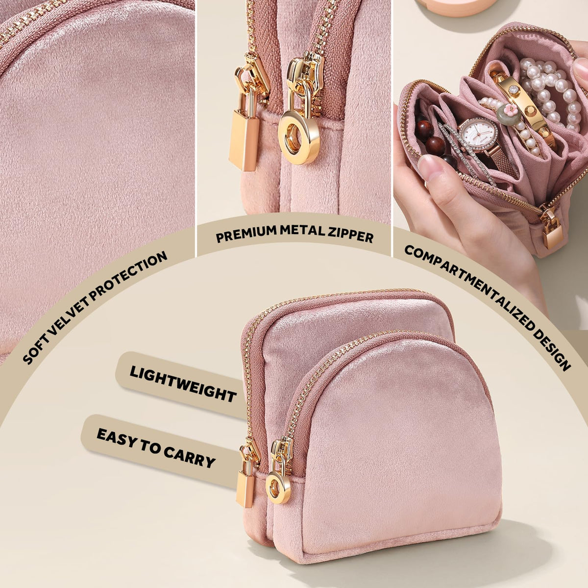Lumayina Small Travel Jewelry Case Set 2-in-1 Detachable Velvet Pouches, Portable Jewelry Organizer Bag for Rings Earrings Bracelets, Gift Box for Women (Blush Pink)