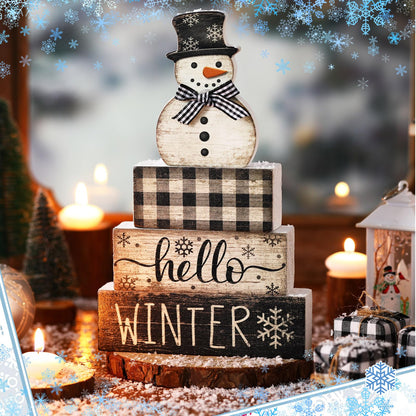 Moucuny 4 Pcs Snowman Christmas Decor Winter Table Decorations Christmas Tiered Tray Decor Winter Centerpiece Decorations Indoor Rustic Wooden Snowman Block Sign Gift Farmhouse for Home Kitchen Shelf