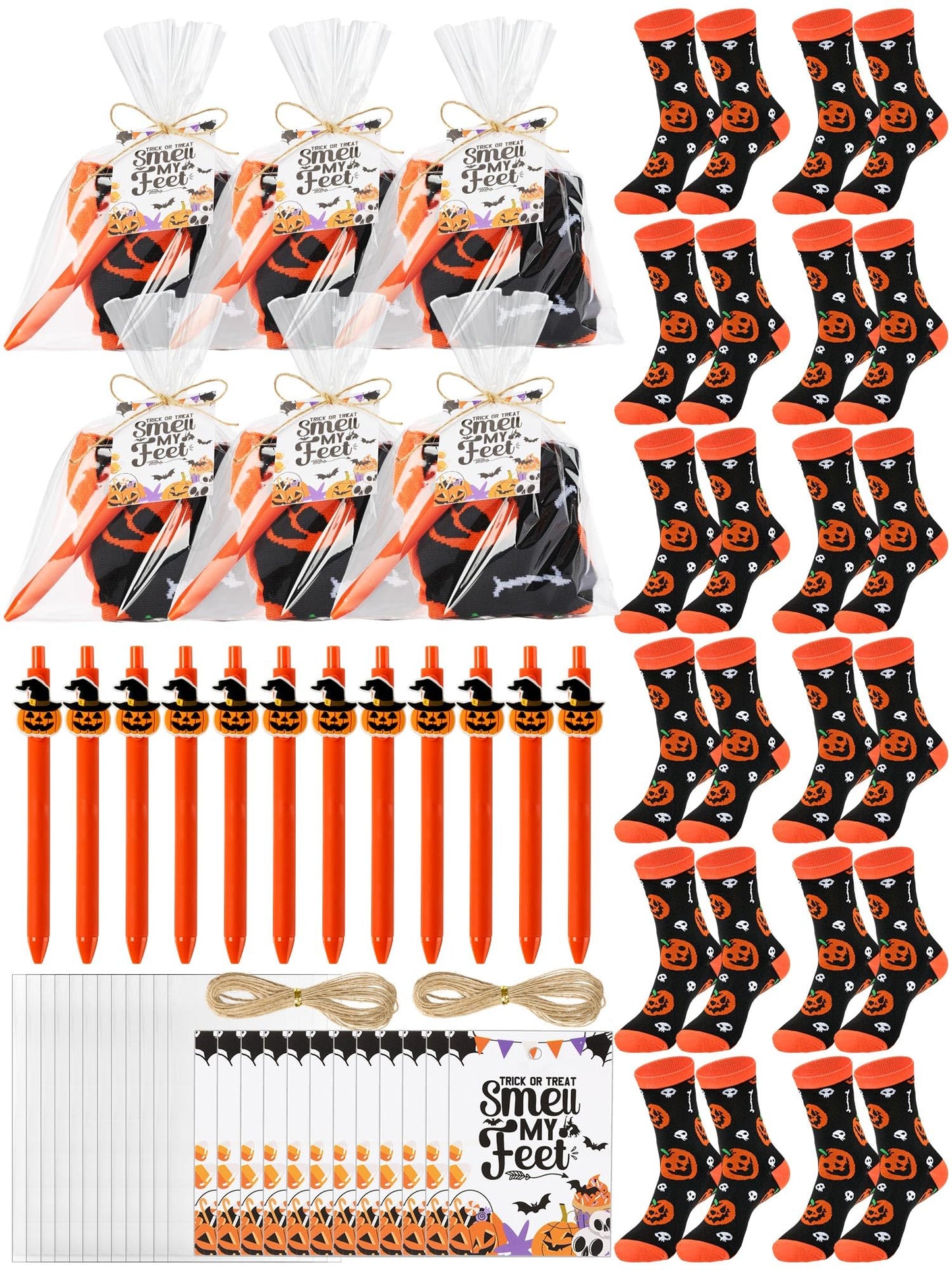 Chicingyou 12 Sets Halloween Socks and Pens Gifts Set Pumpkin Sock Halloween Ballpoint Pen Card Party Favor Bag for Holiday