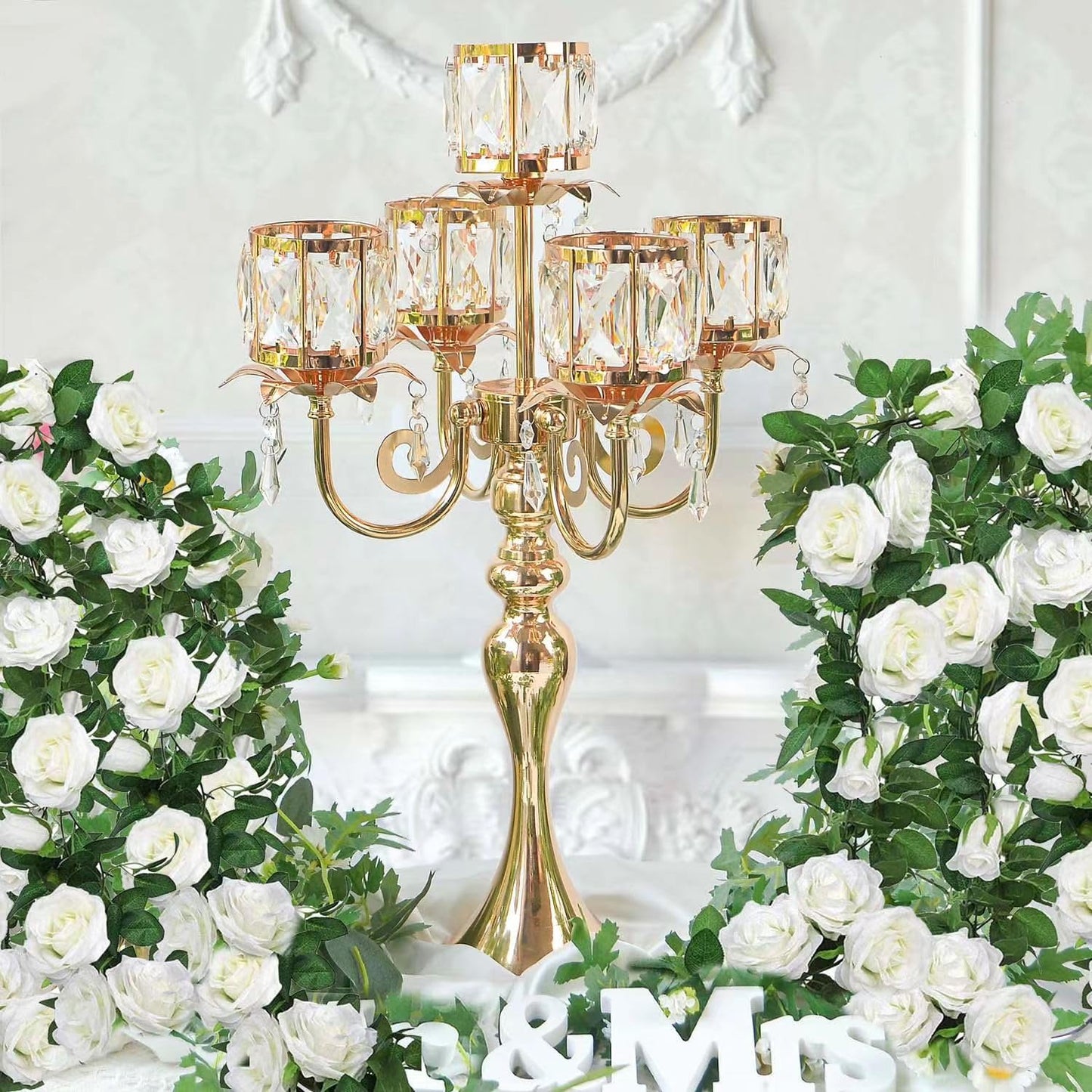 Kehail Gold 5 Arm Pendant Square Crystal Table Decor 22 inch Candle Holder, Classic and Elegant Table Centerpiece Atmosphere Candle Holders for Gift Wedding Party Home Decor