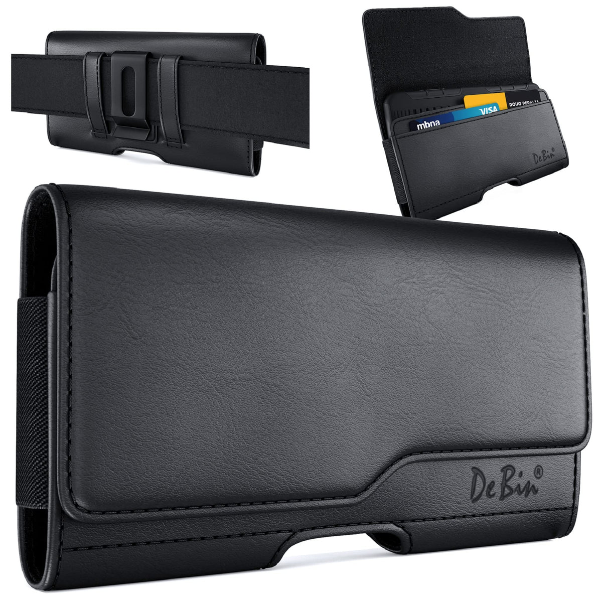 DeBin Holster for Large iPhone Plus, Pro Max Models 16 15 14 13 12 11 Xs Max – Cell Phone Belt Holder Case with Clip, Built-in ID Card Pouch (Fits Phone with Case on), Black
