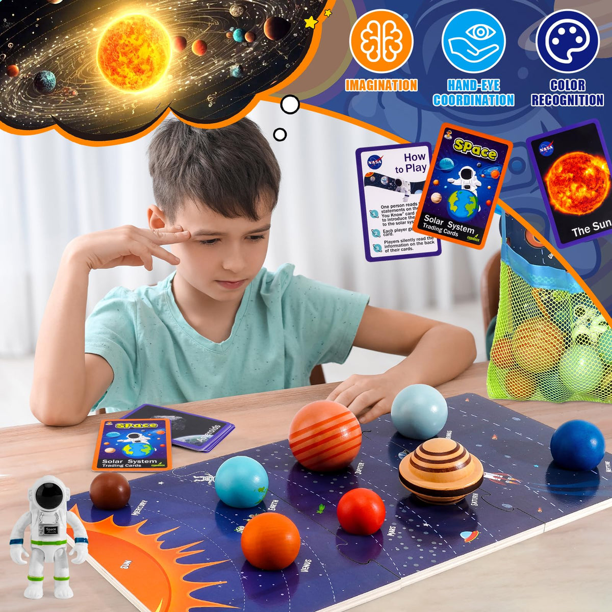 COOLDUCK 30 Pcs Wooden Solar System Model Board Toy Kit, Montessori Planet Balls Toys with Astronaut Figures, Preschool Learning Educational Puzzle, Space Knowledge Flash Cards Learning Toys for Kids
