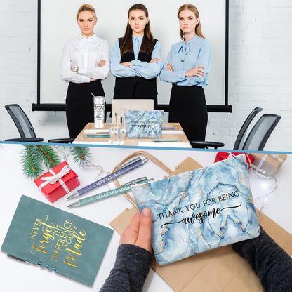 Domensi 6 Pcs Employee Appreciation Gift Set for Women Female Thank You Gift May You Be Proud 20 oz Rustic Marble Sign Tumbler Makeup Bag Journal for Nurse Lady Work Business(Blue)