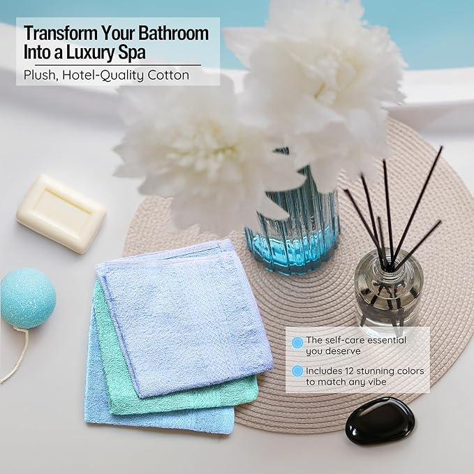 Luxurious Washcloths – Set of 12 – Size 13” x 13” – Thick Loop Pile Washcloth –