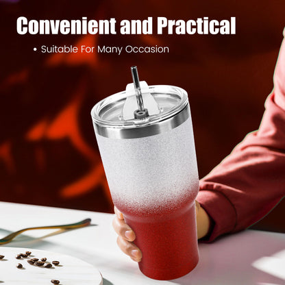 D·S 30 oz Tumbler Christmas Red Glitter Gradient Cup Stainless Steel Double Wall Vacuum Insulated Mug with Straw and Lid, Cleaning Brush for Cold and Hot Beverages