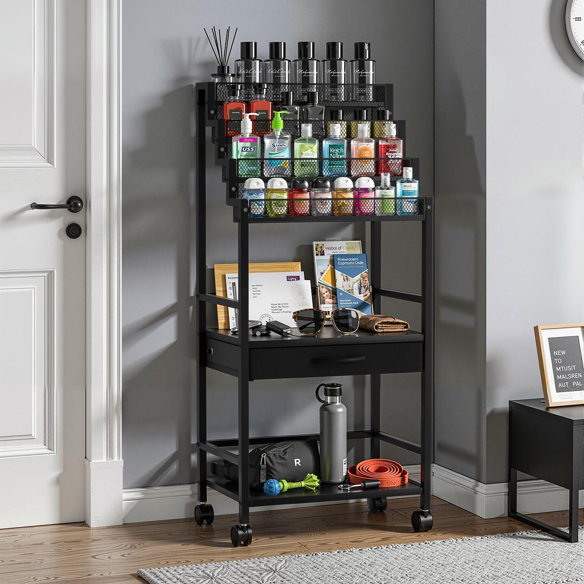4-Tier Men's Cologne & Accessory Organizer with Drawer & Wheels, Sleek Industrial Wooden & Metal Perfume Display Rack for Cologne Bottles, Aftershave & Grooming Essentials, Multi-Functional Fragrance Storage Stand, Black