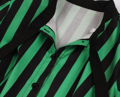 Wellwits Women's Tie Neck Halloween Gothic Black and Green Stripe Vintage Dress L