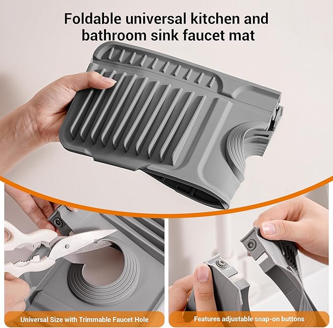 Faucet Mat for Kitchen Sink, Snap-On Design & 7°slope Fast Drain, Folding Sink