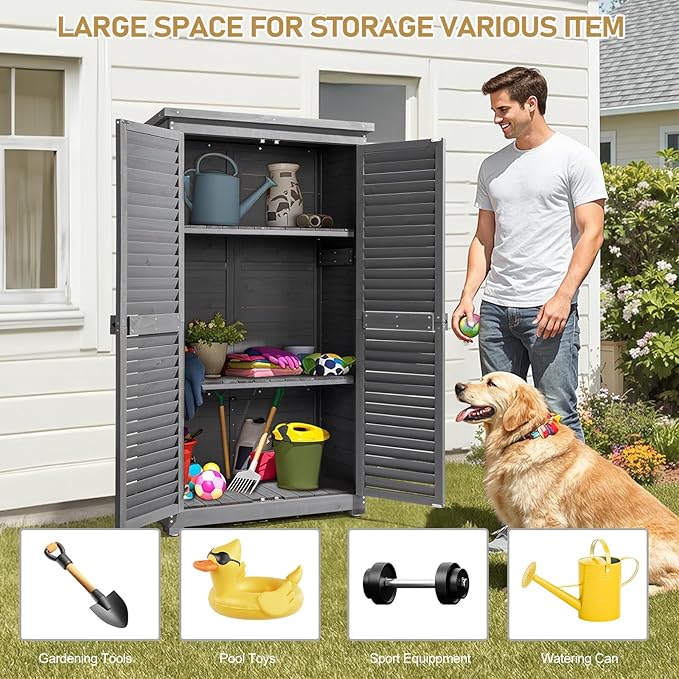 Outvita Outdoor Storage Cabinet, 63in Wooden Garden Tools Shed with 2 Lockable Doors, 3 Adjustable Shelves, Waterproof Roof for Yard Garge Patio Deck Porch（Grey）