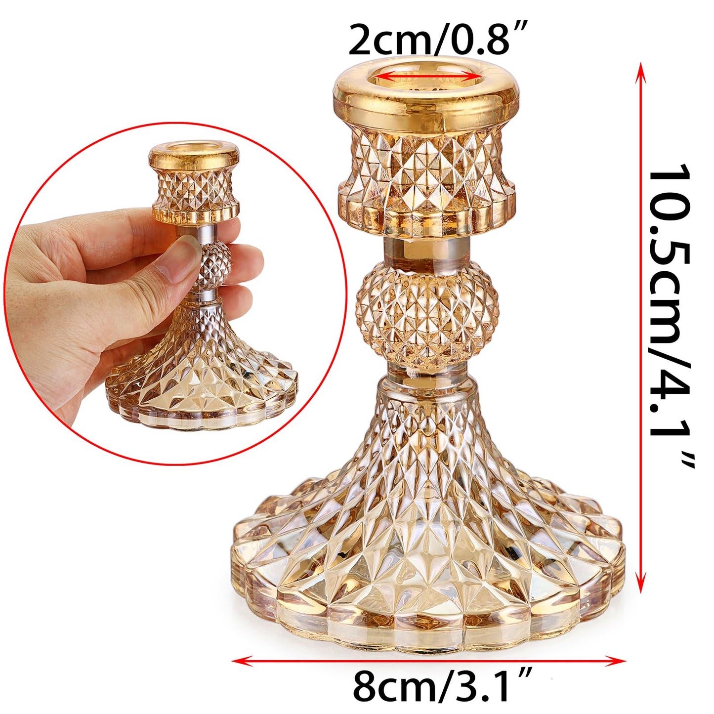 OwnMy Set of 2 Gold Glass Taper Candle Holders Decorative Glass Candlestick Holders, Modern Taper Candle Stands Candlesticks for Dining Table Centerpieces Wedding Church Decor