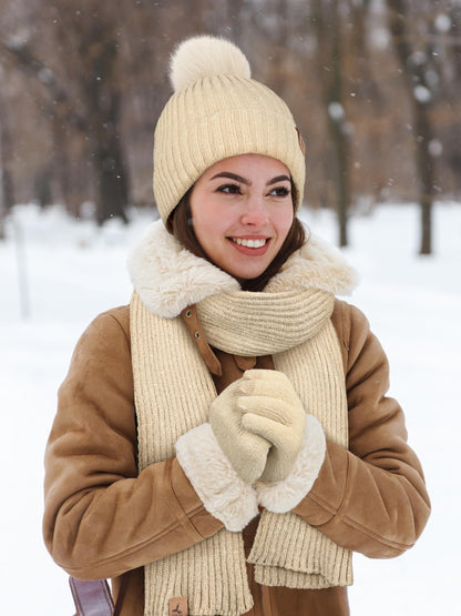 Winter Warm Hat Scarf and Touch Screen Gloves Set, Knitted Pom Beanie Hat Neck Warmer Long Scarf Winter Gloves for Women Men