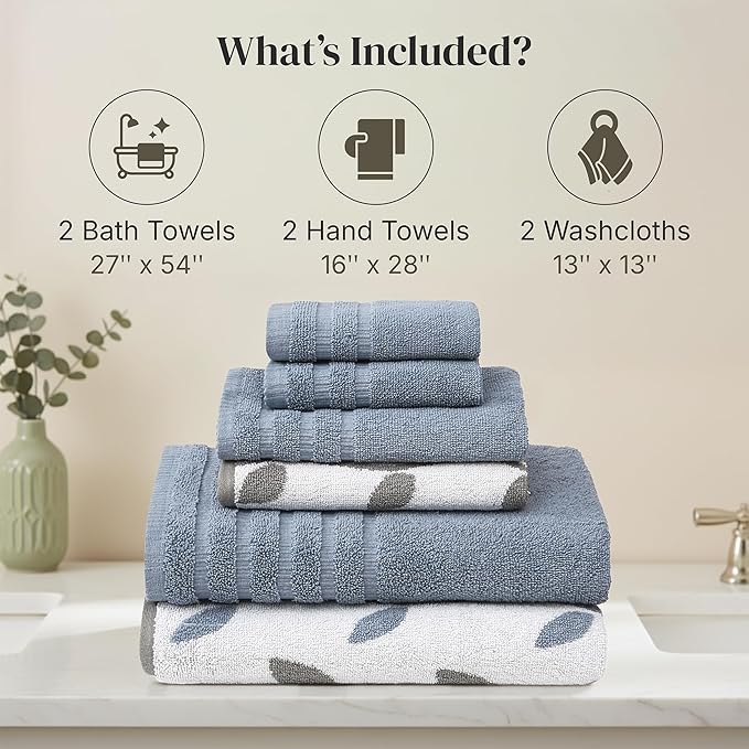 Modern Threads Organic Vines 6-Piece 100% Cotton Towel Set – Yarn Dyed Jacquard