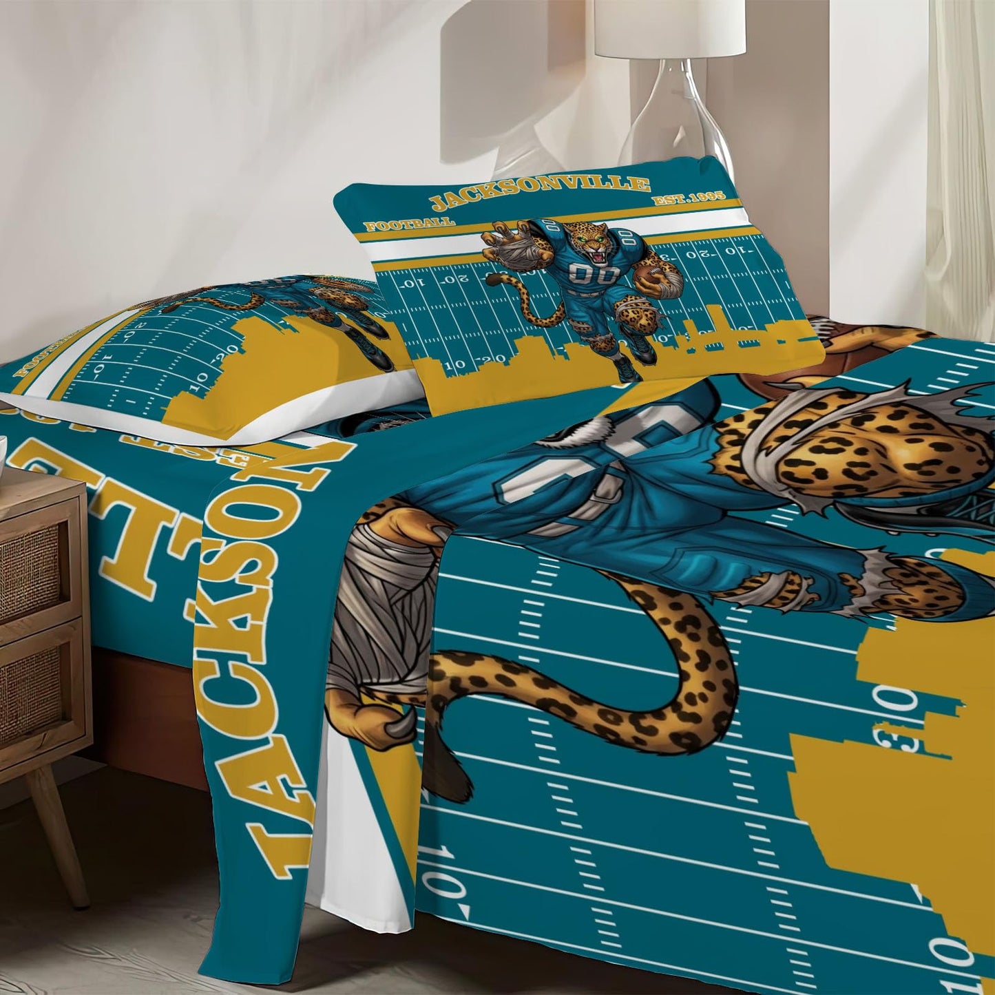 Allenjoy Jacksonville American Football Teal Momentum Sheets Set with Fitted Sheet, Flat Sheet and 1 Pillowcase for Boys Teens Men Fans Son Bedding Bedroom Decor, Twin Size