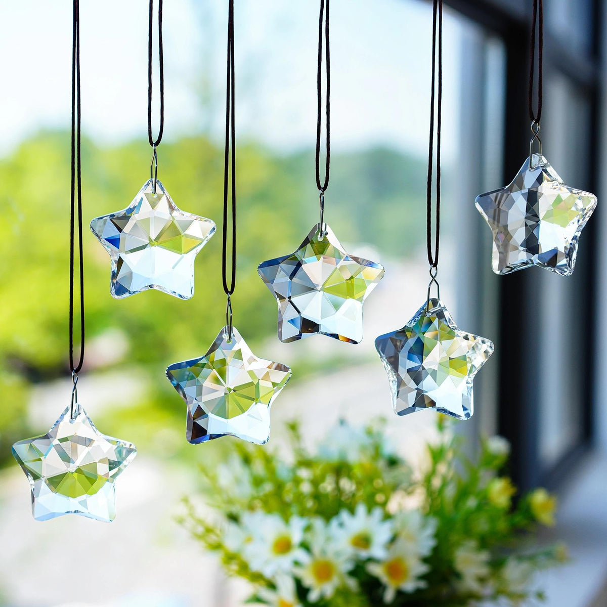 LOULIQIGIFT 6pcs Clear Crystal Star and Half Moon Prisms Ornaments Faceted Glass Hanging Ornaments for Home Garden Window Wedding Party Decor